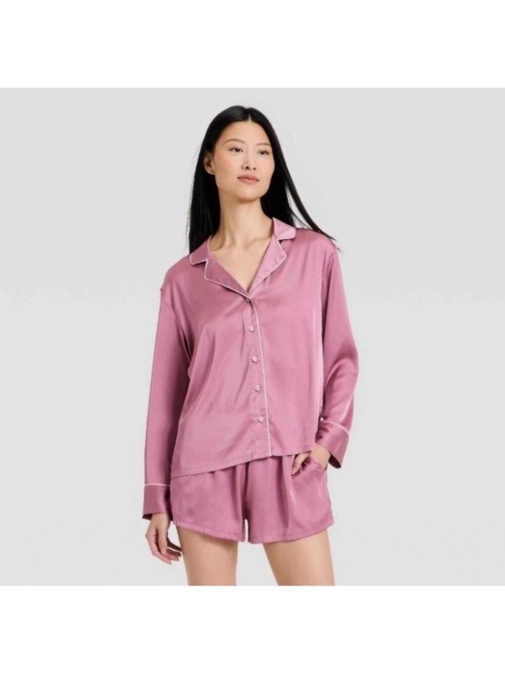 Auden Women's Luxe Satin Pajama Set Mauve Pink Long Sleeve Top Shorts L READ